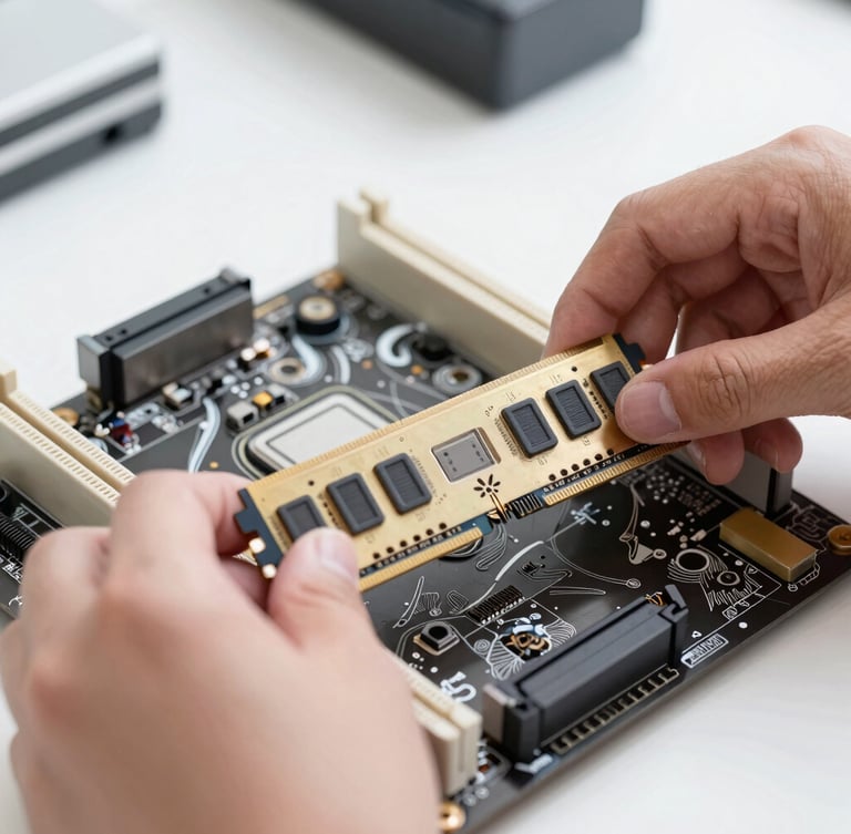 Close-up of hands carefully installing RAM into a motherboard slot under bright, clean workshop light, 35mm crisp technical photography.