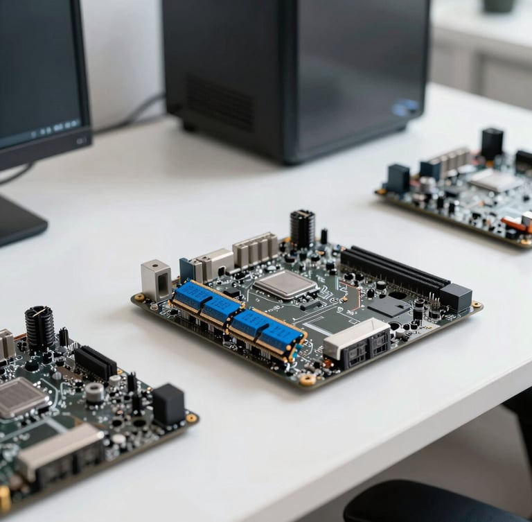 Crisp technical photography of a modern IT workbench, neatly organized tools, a motherboard with blue RAM sticks, bright natural light, 35mm