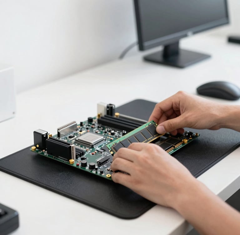 A crisp 35mm photograph of a clean, well-lit IT workspace in St. Augustine, hands installing RAM into a motherboard on an anti-static mat, bright natural light.