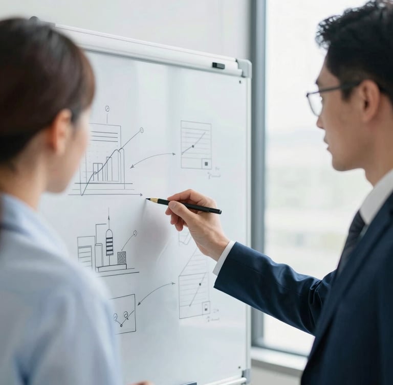 Close-up of professional team members collaborating around a whiteboard with clean digital sketches, bright high-key natural daylight, sharp focus.