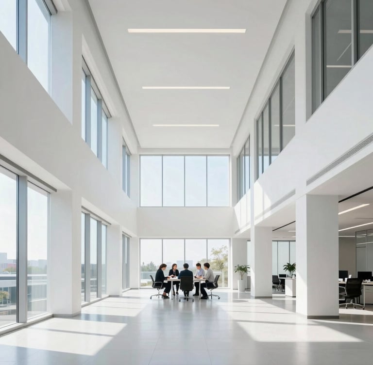 Wide shot of a bright, modern architectural office with high ceilings and natural window daylight, clean geometric lines, professional team collaborating around a table in the distance.