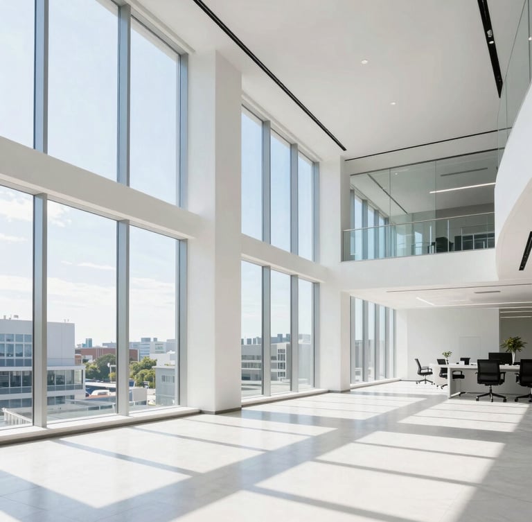Wide environmental shot of a modern architectural office space with abundant natural light, sharp focus, 35mm lens, high-key natural daylight, clean white and blue tones.
