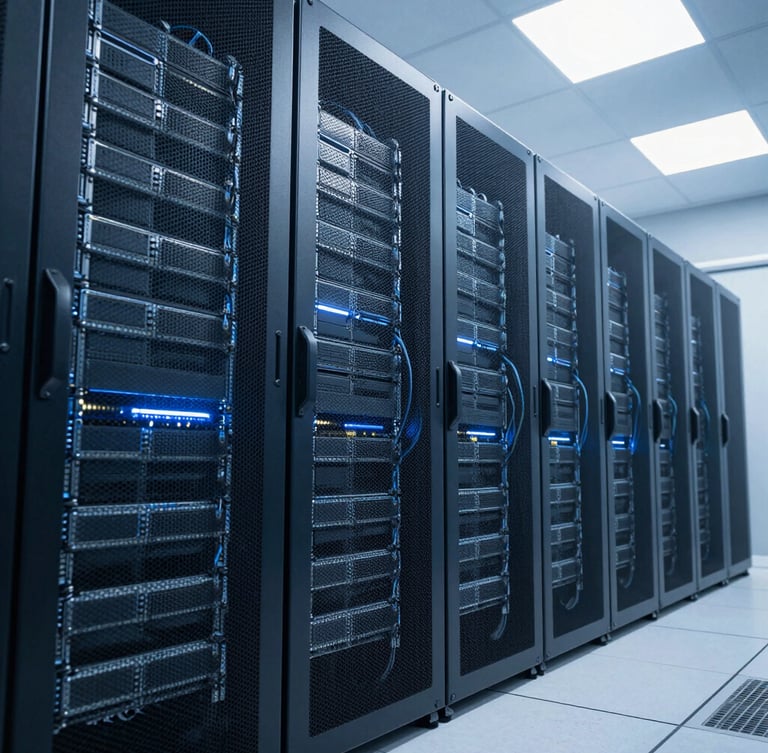 Wide-angle architectural perspective of a state-of-the-art data center, cool blue and white lighting, clean cable management, sharp focus on server hardware, 35mm