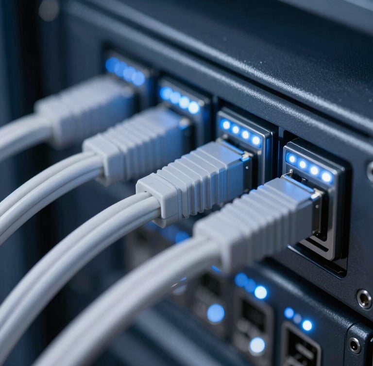 Macro close-up of clean cable management in a server rack, blue and white LED status lights blinking, crisp technical focus, sleek technology photography