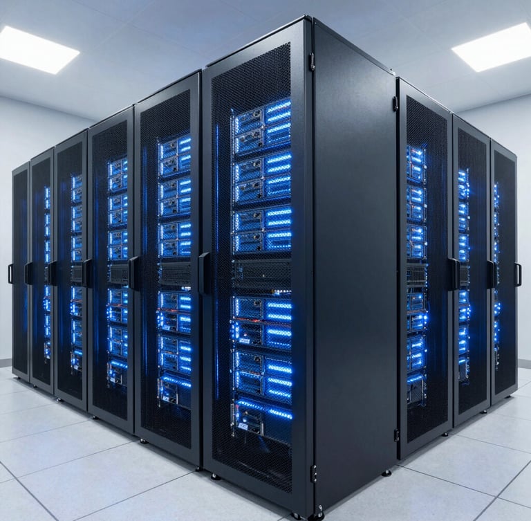 Wide-angle architectural perspective of a modern high-security data center, cool blue terminal screen glow on server racks, sharp technical lighting, 35mm