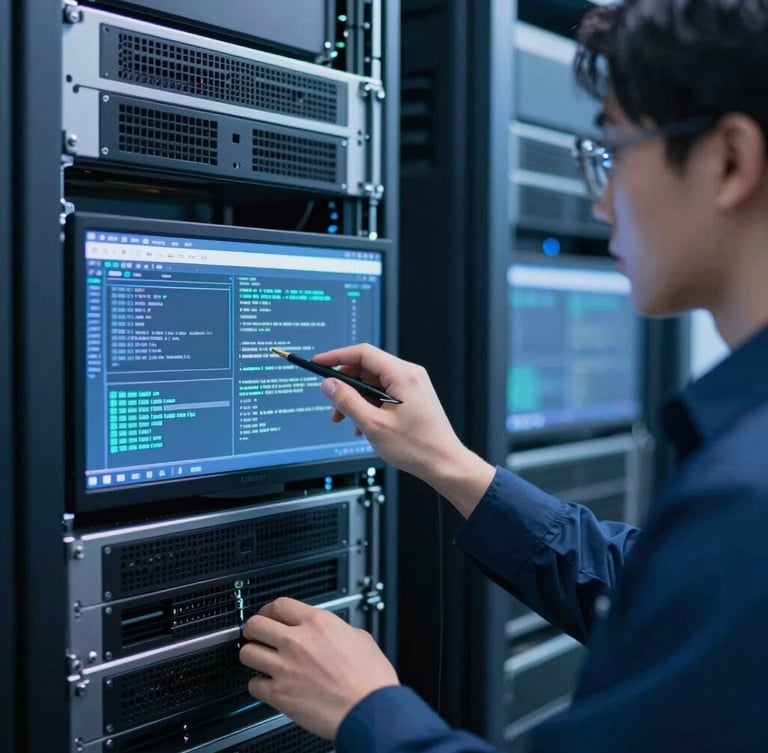Close-up of a professional network engineer analyzing terminal screens in a server room, cool blue lighting, sharp focus, technical aesthetic