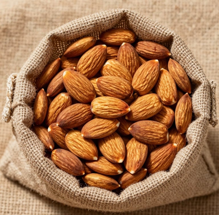 Top-down flat lay of premium whole almonds in rustic burlap sacks, bright natural daylight, high contrast texture