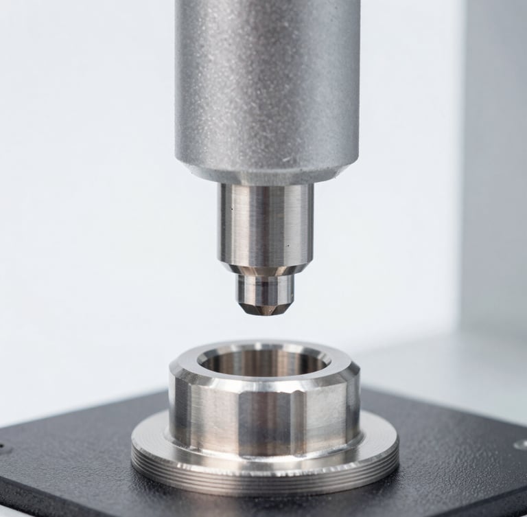 Close-up shot of a coordinate measuring machine probe measuring a small high-precision forged metal component, cool studio lighting.