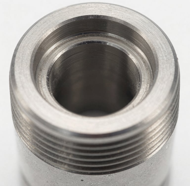 Extreme close-up macro shot of a small, highly precise machined steel automotive component with clean threads, bright cool studio lighting, metallic reflections