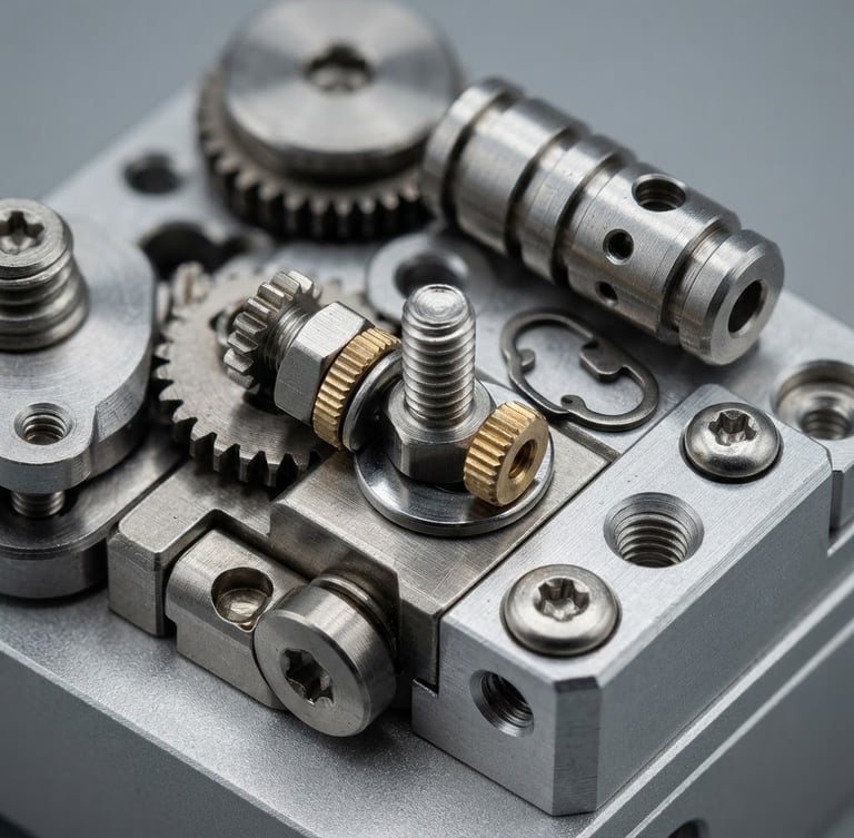 Extreme close-up macro shot of small, highly precise machined metal parts on a clean gray background, cool industrial studio lighting, metallic steel tones, high detail.