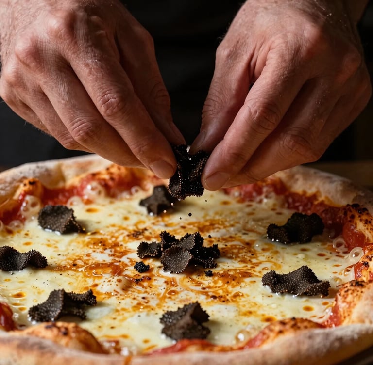 Extreme macro close-up of a pizza being prepared, a chef's hands delicately shaving black truffles onto a glistening, bubbling cheese topping, dramatic chiaroscuro lighting, shallow depth of field.