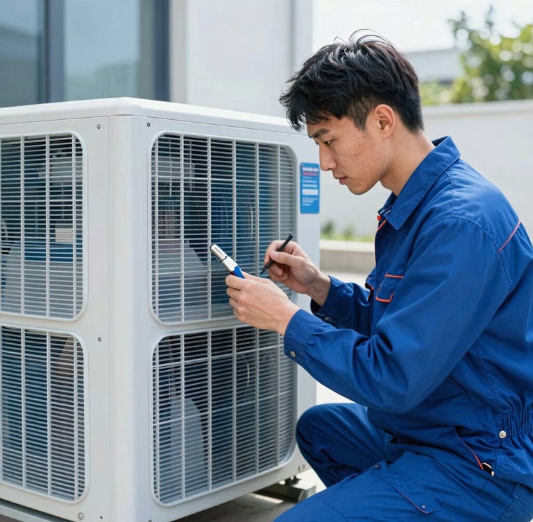 A professional technician with precise tools diagnosing a clean residential cooling system, bright natural daylight, crisp cool blue tones
