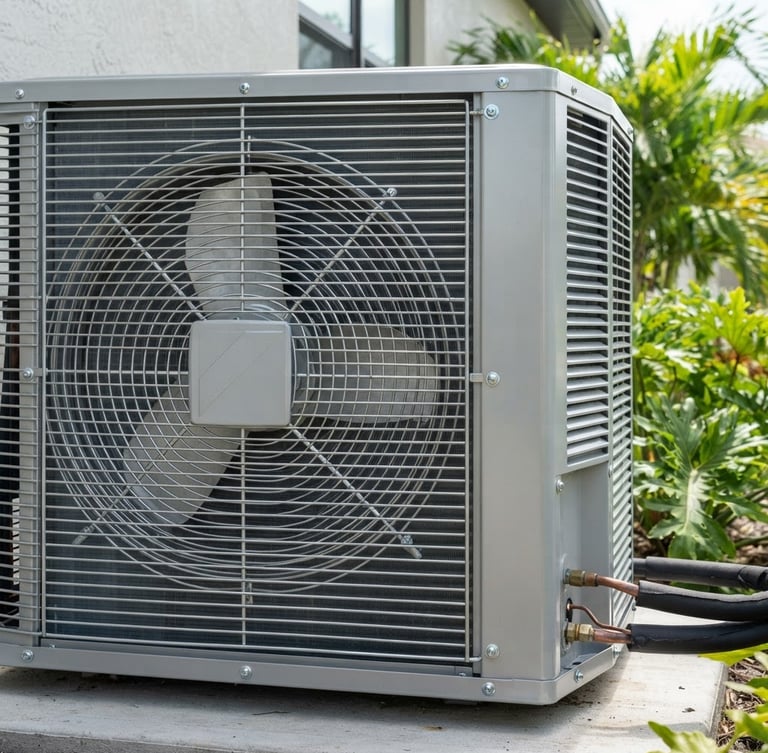 Close-up of a clean modern outdoor HVAC condenser unit, bright Florida daylight, crisp metallic details, sharp focus, 35mm