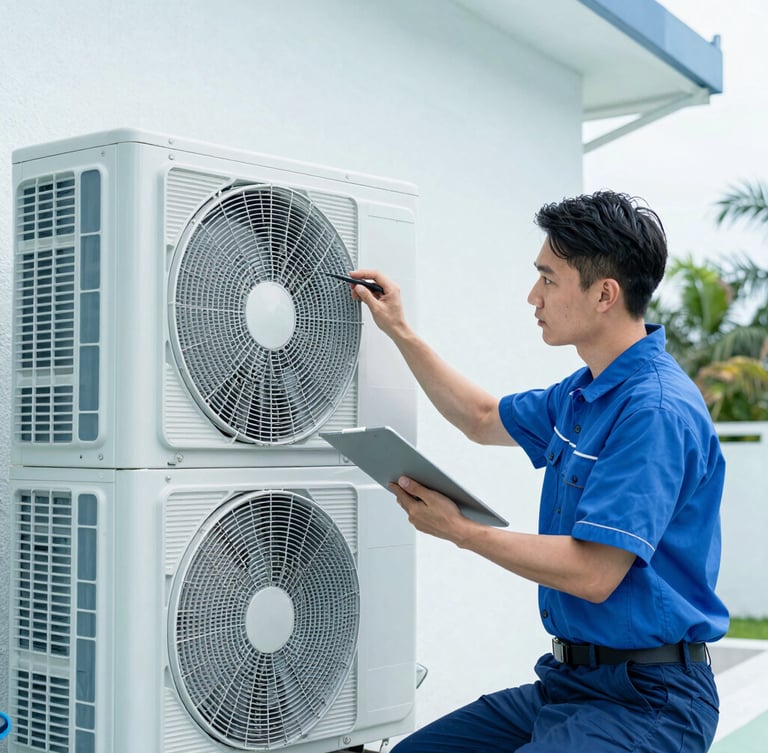 Clean commercial photography of a professional technician in a clean uniform inspecting a modern outdoor AC unit under bright Florida daylight, crisp cool blue tones, 35mm