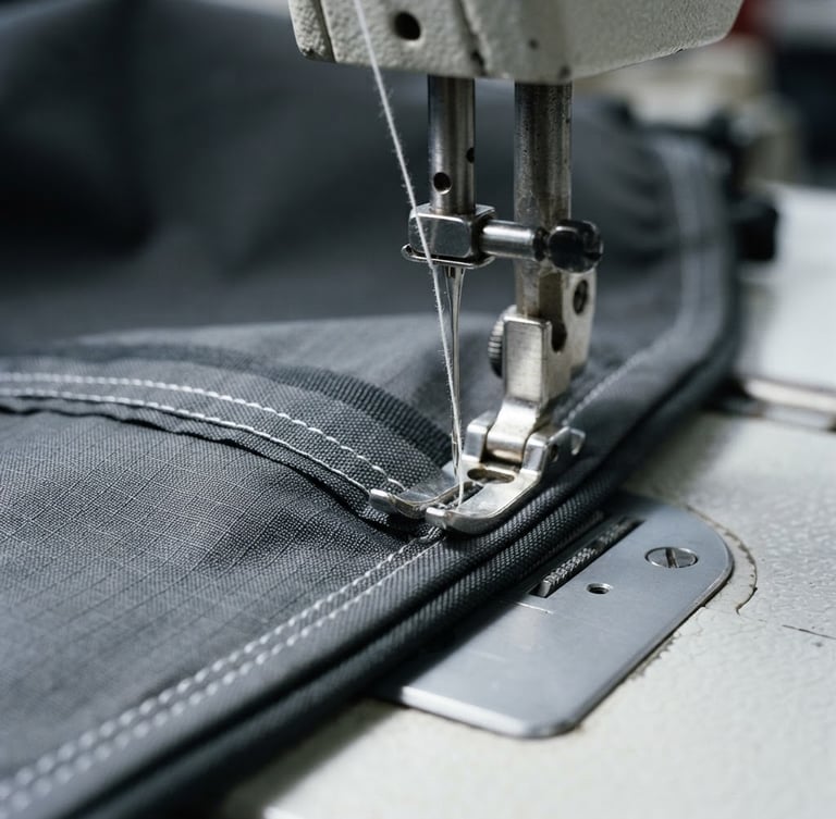 Close-up macro shot of a sewing machine needle precisely stitching a high-performance technical fabric, crisp bright industrial lighting, high contrast, 35mm