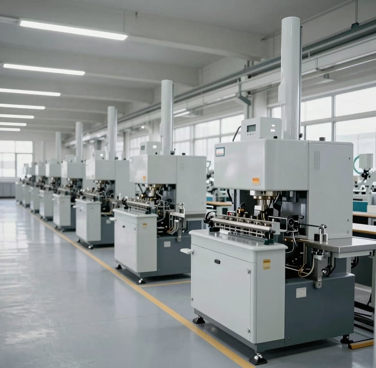 Wide-angle architectural shot of a clean, organized factory floor, modern machinery, bright cool industrial daylight, high-contrast neutral tones
