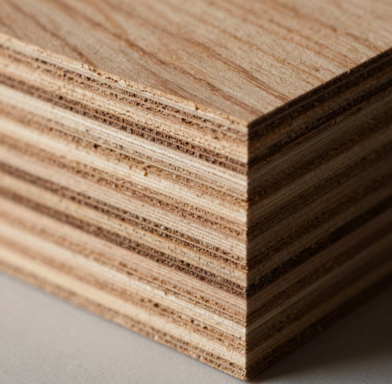 Extreme macro shot of multi-layered calibrated plywood cross-section, showing precise uniform veneer layers, dramatic side-lighting on rich timber grains, shallow depth of field.