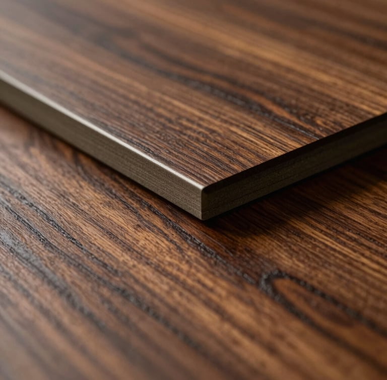 Extreme macro photograph of rich wood-grain laminate, dramatic side-lighting emphasizing the deep tactile grooves and warm timber tones, shallow depth of field.