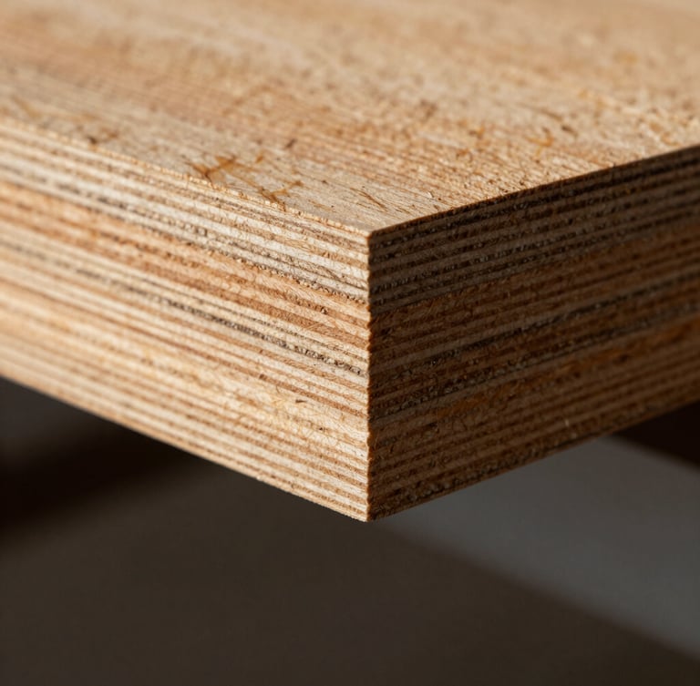 Extreme close-up of a perfectly straight, multi-layered calibrated plywood board edge, showing precise parallel veneer lines, warm timber tones, dramatic side-lighting