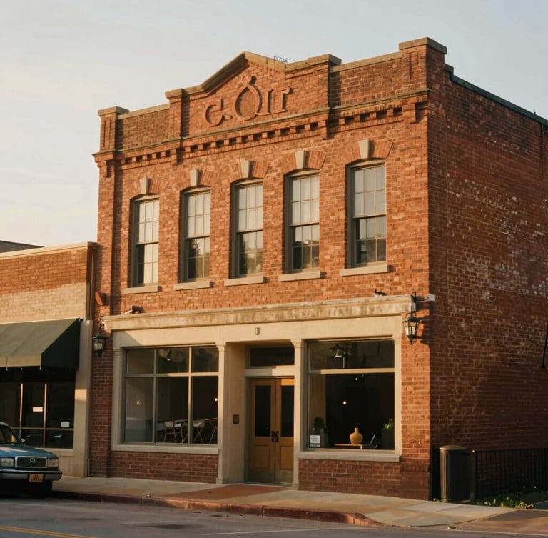 A warm editorial photograph of a historic brick building in a Central Texas downtown, soft golden daylight, shallow depth of field, 35mm style.