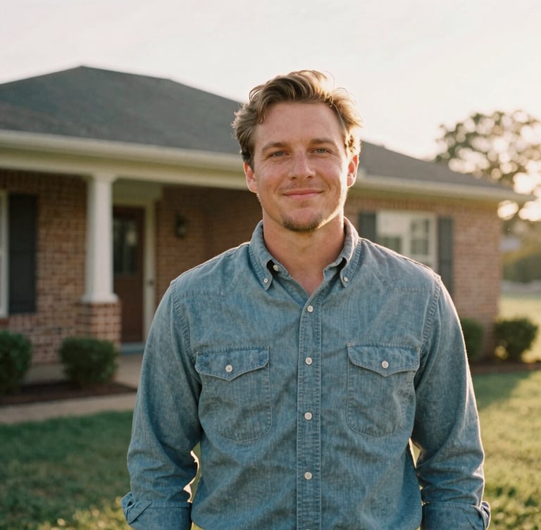 Medium environmental portrait of Wade VanDerBoom, a friendly local Texan in a casual button-down shirt, standing outside a classic brick ranch home in Temple, Texas. Warm golden-hour daylight, soft natural lighting, shallow depth of field, 35mm film style.