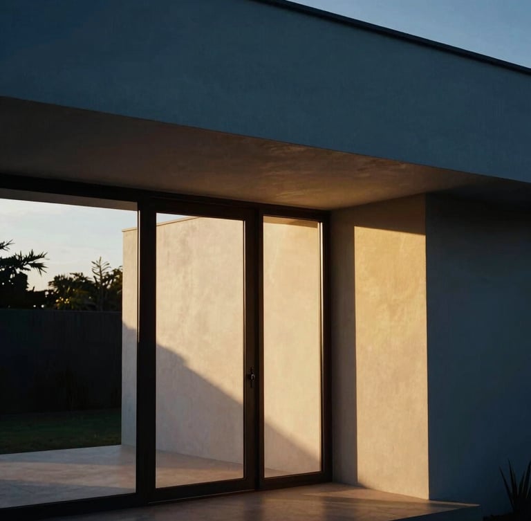 Editorial architectural shot of a modern minimalist villa interior in Cotonou, warm golden hour sunlight streaming through large windows, high contrast, 35mm lens