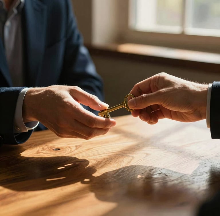 Editorial medium-close up of hands exchanging brass keys over a polished wooden table, warm golden-hour sunlight streaming through a window, rich shadows.