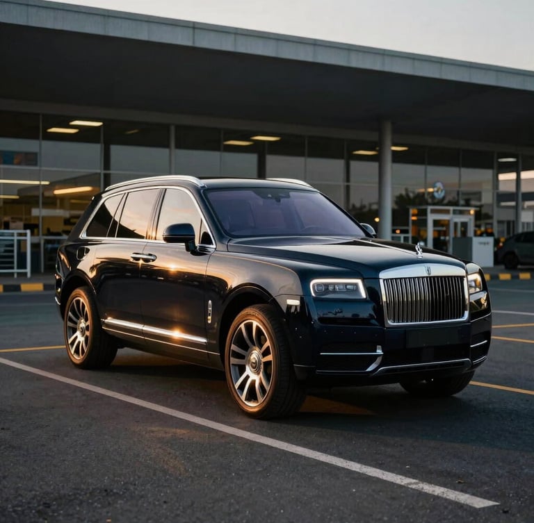 Editorial medium shot of a luxury black SUV parked on a clean asphalt lane in front of Cotonou Cadjehoun Airport terminal at golden hour, warm sunlight reflecting on metallic surfaces, deep shadows, 35mm lens