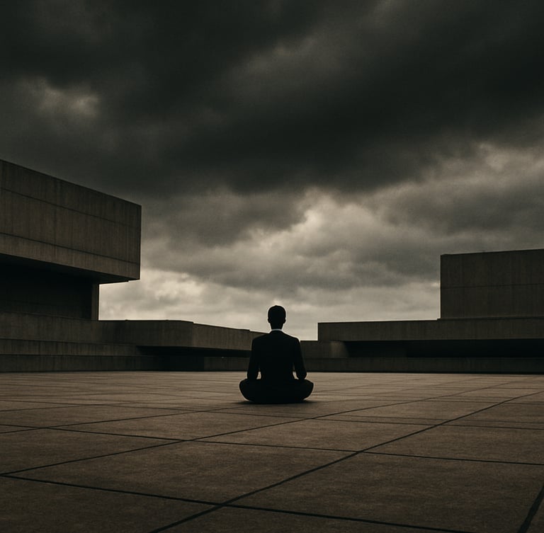 Wide anamorphic 35mm film still, high contrast, desaturated earth tones. A lone figure meditating on a massive concrete brutalist plaza under a heavy overcast sky, dramatic natural light.