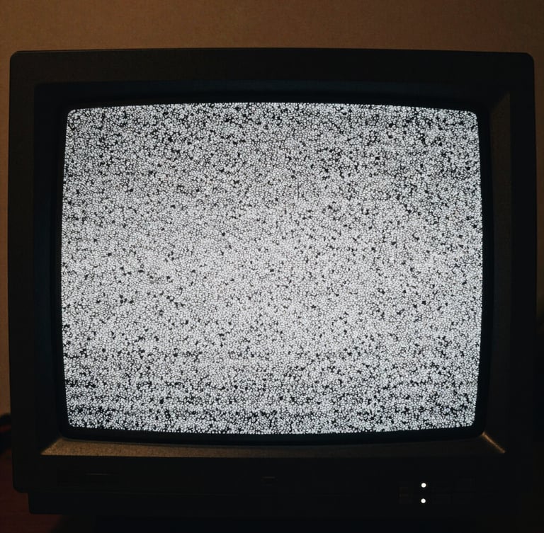 Extreme close-up of a vintage CRT monitor displaying static noise, high contrast black and white, moody cinematic lighting, 35mm grain, anamorphic frame