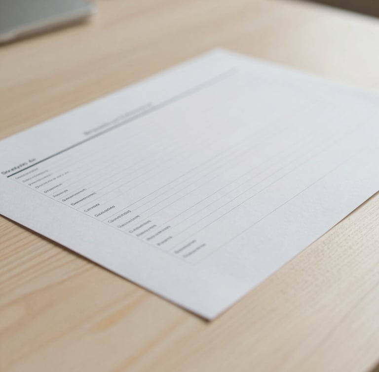 Macro close-up of structured strategic planning documents on a warm cream wooden desk, soft diffused overcast daylight, minimalist composition, 35mm