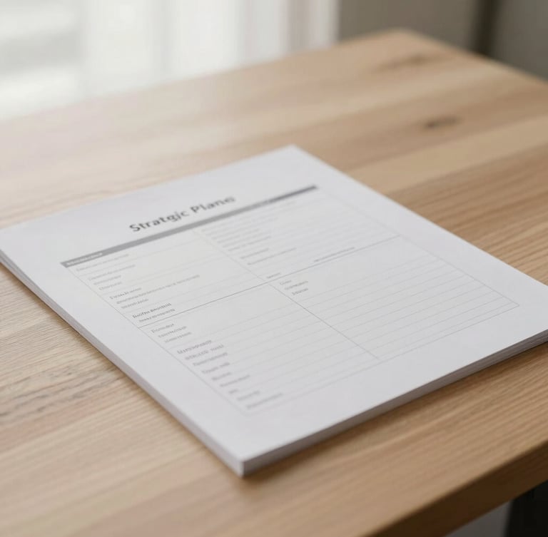 Close-up of a structured strategic planning document on a clean oak table, soft overcast morning light, minimalist composition, 35mm