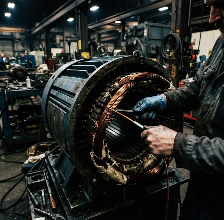 Close-up, high-contrast industrial workshop lighting, technician's hands carefully winding thick copper wire onto a massive electric motor stator core, deep slate tones, sharp focus, 35mm.
