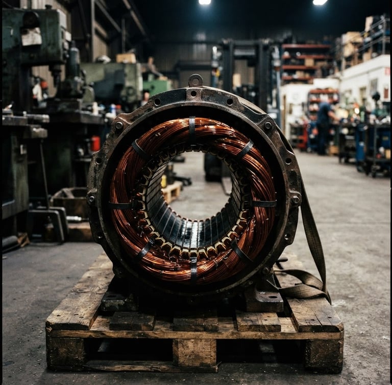 Close-up of a freshly rewound 400kW industrial electric motor, gleaming copper coils, ready for dispatch, industrial workshop background, high-contrast lighting.