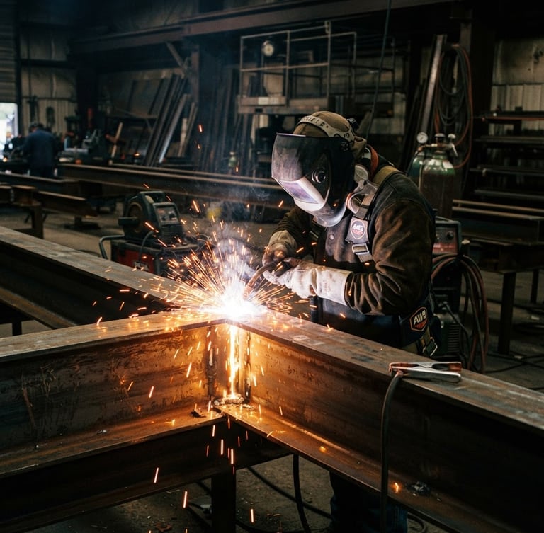 Dramatic industrial photography of AWS-certified welder fusing heavy structural steel beams, bright orange sparks flying, high contrast workshop lighting, sharp focus, 35mm