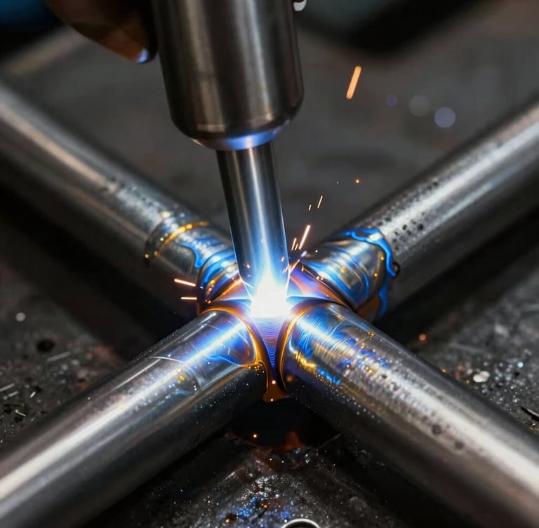 Extreme close-up of a flawless TIG weld bead on clean stainless steel, brilliant blue and gold heat tint, sharp focus on the metallic scales, dark industrial background