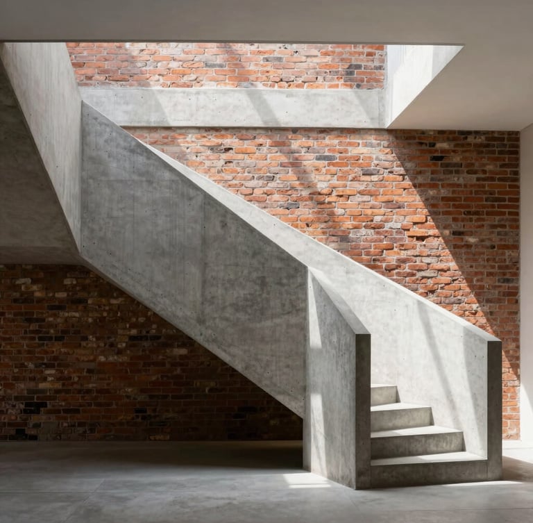 A high-end modern concrete stairwell intersecting an original historic brick wall, sunlight casting sharp geometric shadows, architectural minimalism, 35mm lens