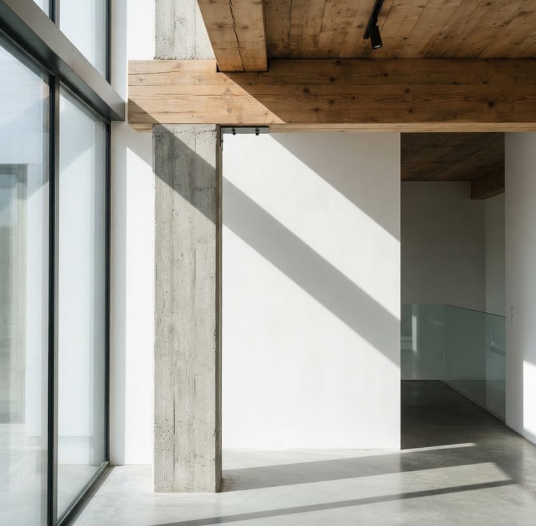 Crisp architectural photography of a structural concrete column and raw timber ceiling beam, bright natural daylight, sharp geometric shadows, clean minimalist interior, 35mm lens