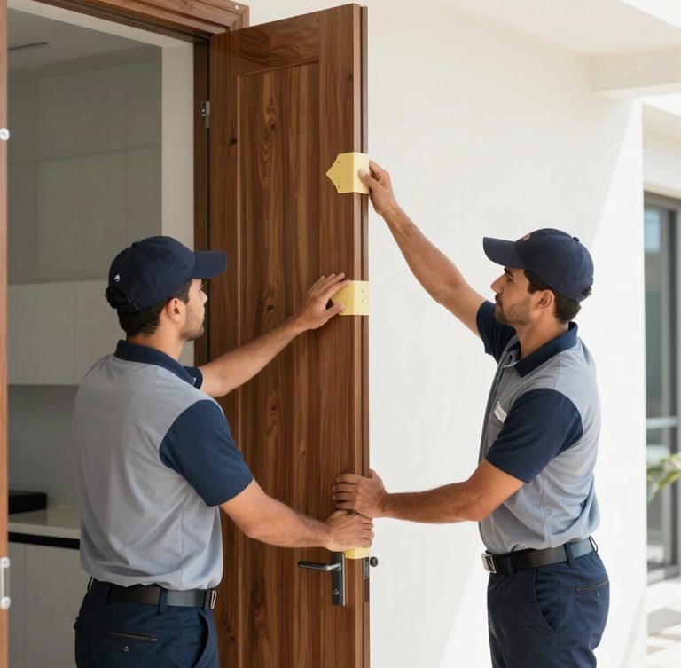Medium shot of professional moving crew in neat uniforms placing protective corner guards on a polished wooden doorframe inside a bright modern Dubai residence.