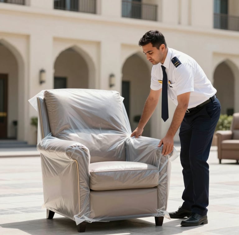 Medium shot of a uniformed professional moving crew in Dubai, carefully wrapping a luxury leather armchair in multi-layered protective film, bright natural daylight, sharp focus, 35mm lens