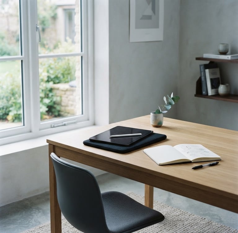 Minimalist architectural workspace with soft north-facing daylight, a clean desk with a tablet and notebook, muted cool tones, editorial 35mm photography.