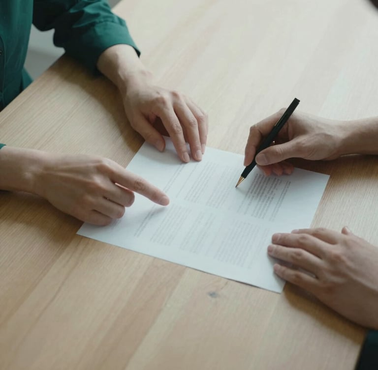 Overhead view of two professionals analyzing a printed document on a light oak table, soft natural shadows, minimalist aesthetic, focus on hands and paper.