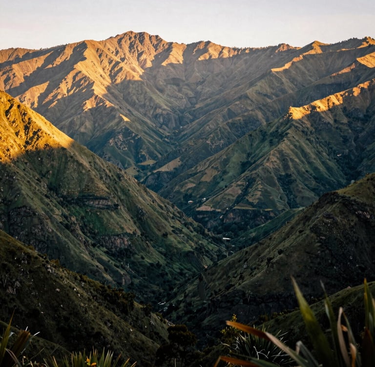 Wide-angle editorial landscape of the Colombian Andes mountains at golden hour, deep green valleys, warm sunlight illuminating the peaks, 35mm photography