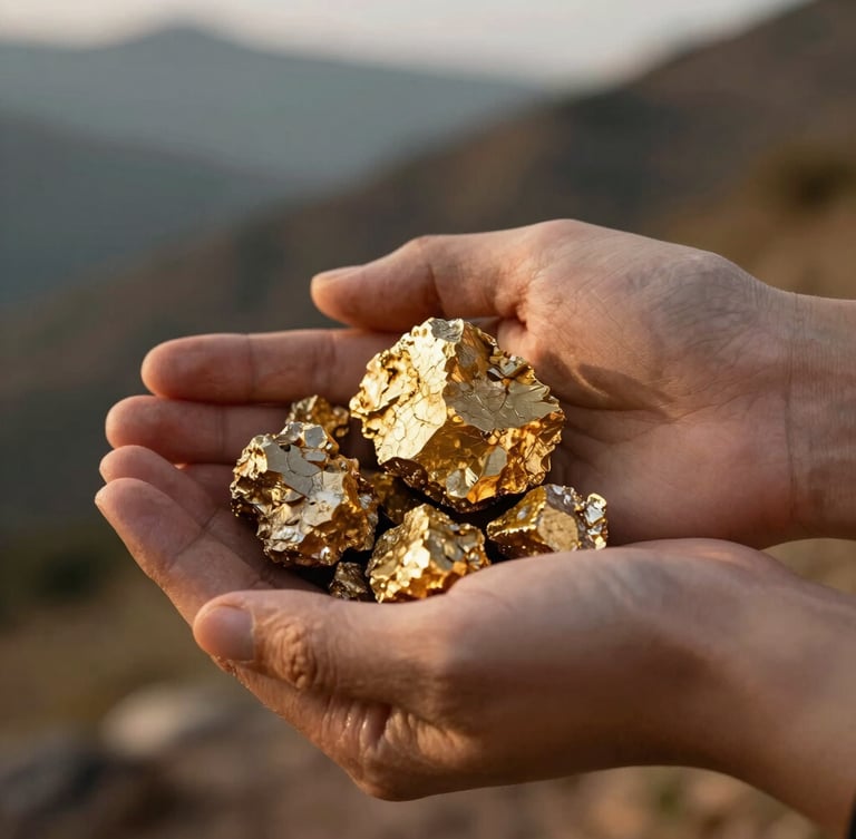 Close-up of hands holding raw gold mineral, warm natural mountain light, rich earth tones, shallow depth of field, editorial photography