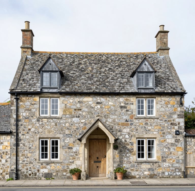 Straight-on architectural photograph of a traditional stone cottage in East Devon under bright overcast daylight, soft natural tones, sharp focus, 35mm lens