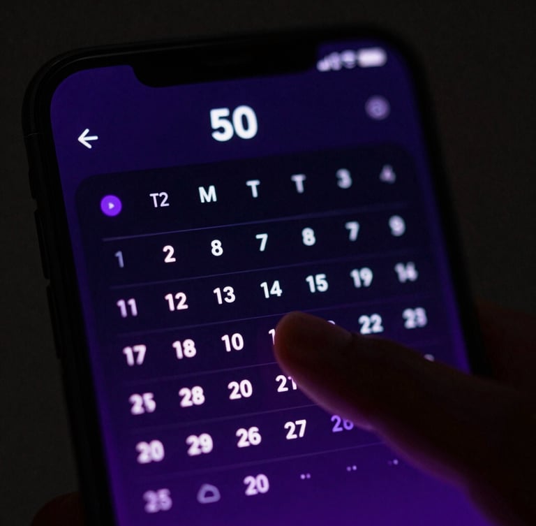 Extreme close-up macro shot of a modern Android phone screen showing a clean, dark-mode calendar widget with vibrant violet accents, soft screen-glow lighting up a finger touching the screen, moody tech aesthetic
