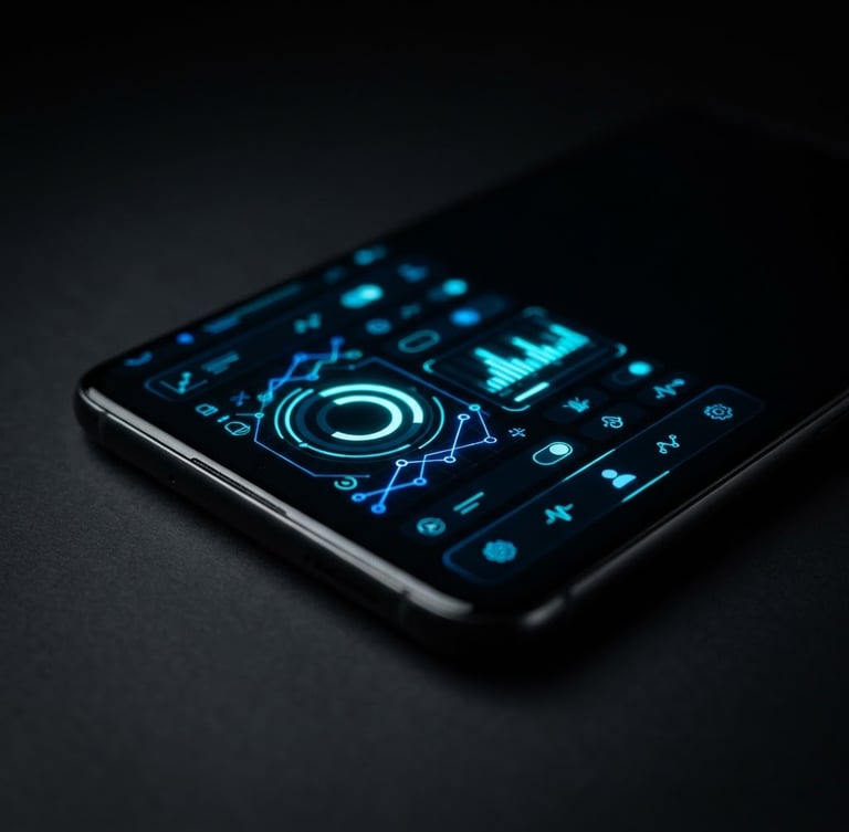 Vue macro d'une maquette Figma épurée d'une application mobile en mode sombre, avec des éléments d'interface utilisateur en néon bleu et cyan, affichée sur un écran de smartphone ultra-fin, éclairage studio dramatique, haute résolution, style tech élégant.