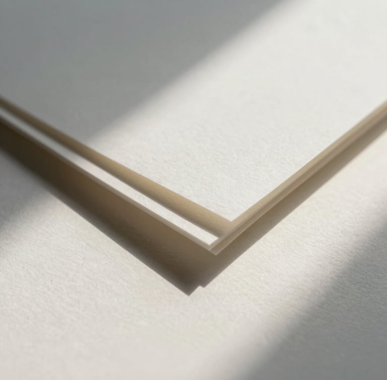 Macro close-up of textured handmade paper with deckled edges, soft architectural shadows casting across a warm white surface, diffused northern daylight.
