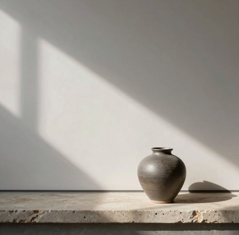 Soft diffused daylight casting architectural shadows across a blank gallery wall next to a single matte ceramic vase on a raw stone ledge