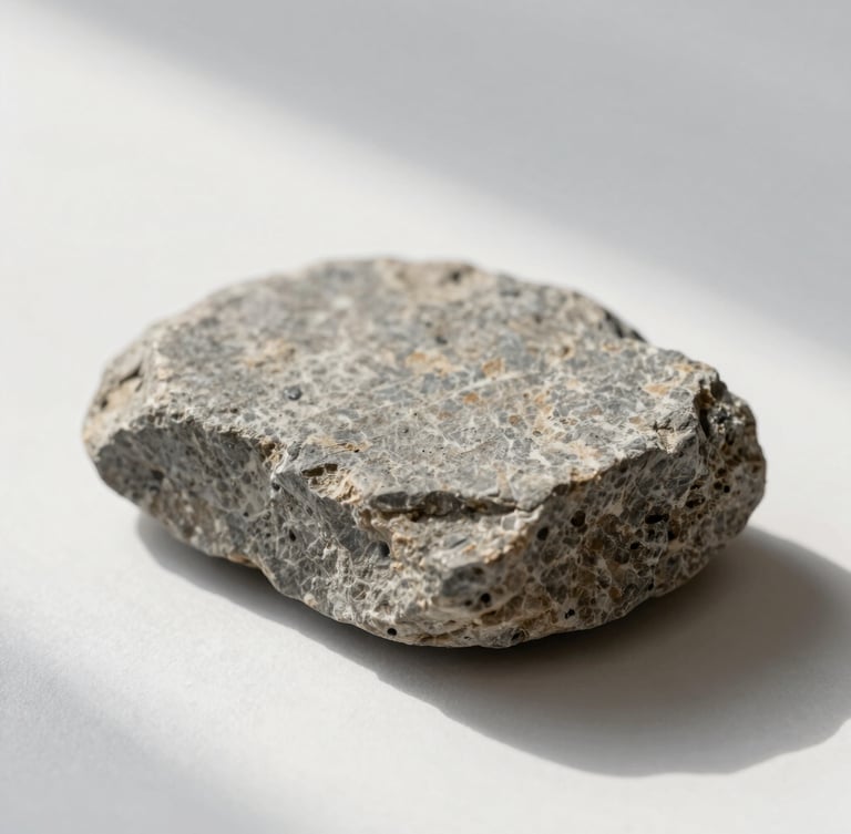 Macro photograph of textured warm gray stone, soft diffused northern daylight casting subtle diagonal shadows across a clean white surface, minimalist composition.